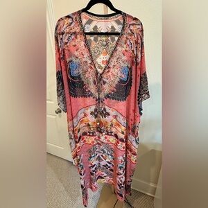 Boho Kaftan Kimono Cover Up Embellished Resort Wear Pink Multicolor One Size